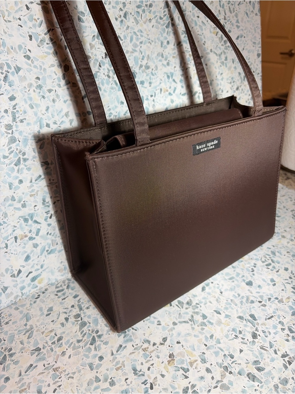 Kate Spade Y2K Brown Satin Nylon Shoulder Tote Bag Minimalist Everyday Purse - Picture 3 of 7